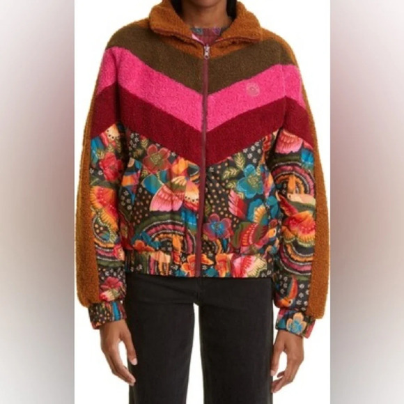 Farm Rio Toucanfly Reversible Quilted Floral Jacket zipup Sherpa colorful puffer - Picture 9 of 9